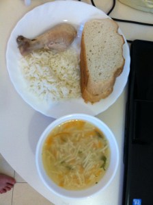 veggie noodle soup, boiled chicken, and rice. 