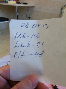 Sept. 8, 2013 Hemoglobin 116 Leukocytes 0.1 Plts 48